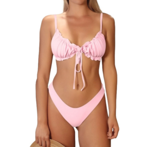 ZAFUL Women's Soft Pink Ruffle Triangle Bikini Bow Tie Up Two Piece Swimsuit S